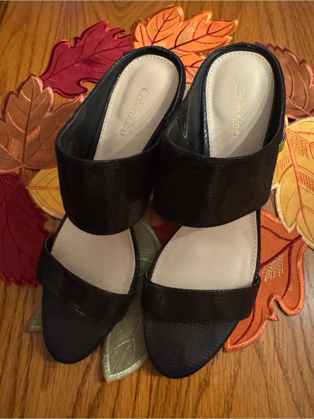 Calvin Klein Black Two-Band Open-Toe Slide Heels